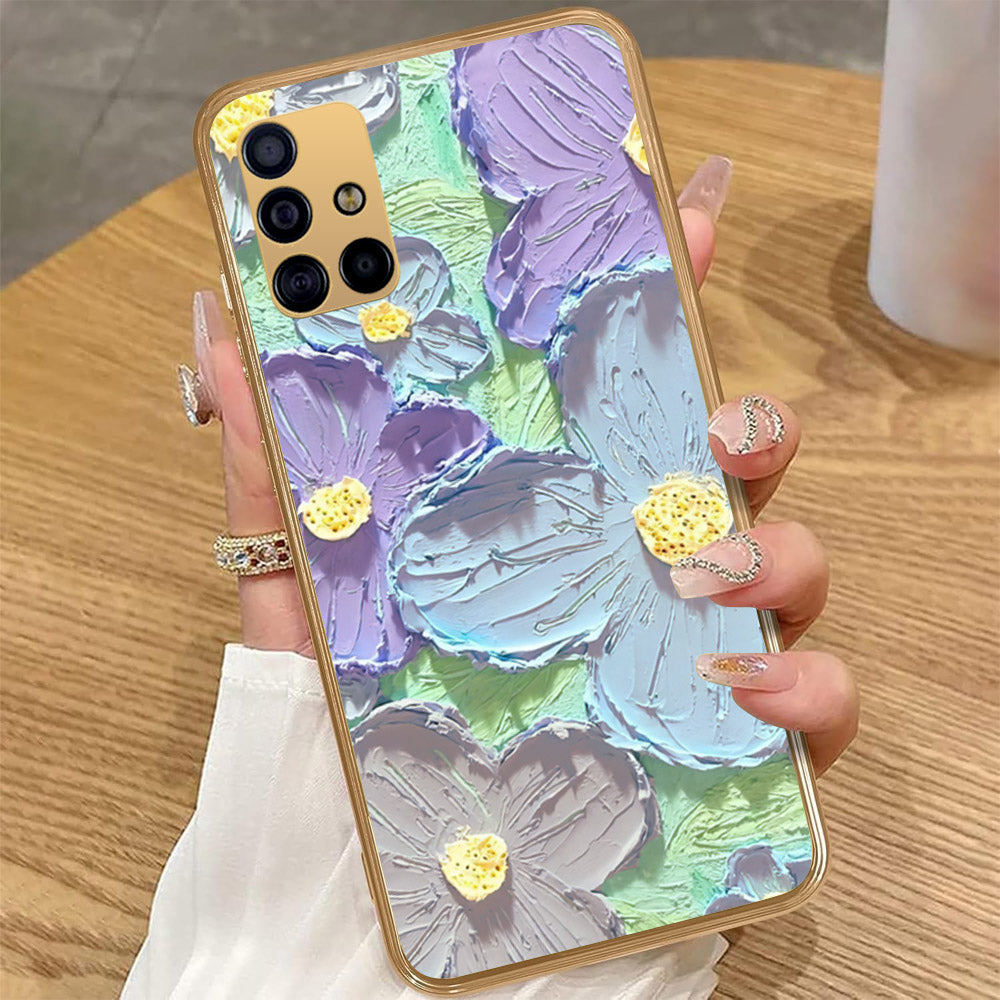 Samsung Galaxy A51 - Floral Series - Design 1 - Purple & Aqua - HQ Premium Shine Durable Golden Electroplate Case