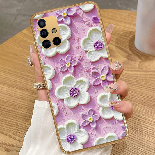 Samsung Galaxy A51 - Floral Series - Design 4 - Purple & White - HQ Premium Shine Durable Golden Electroplate Case