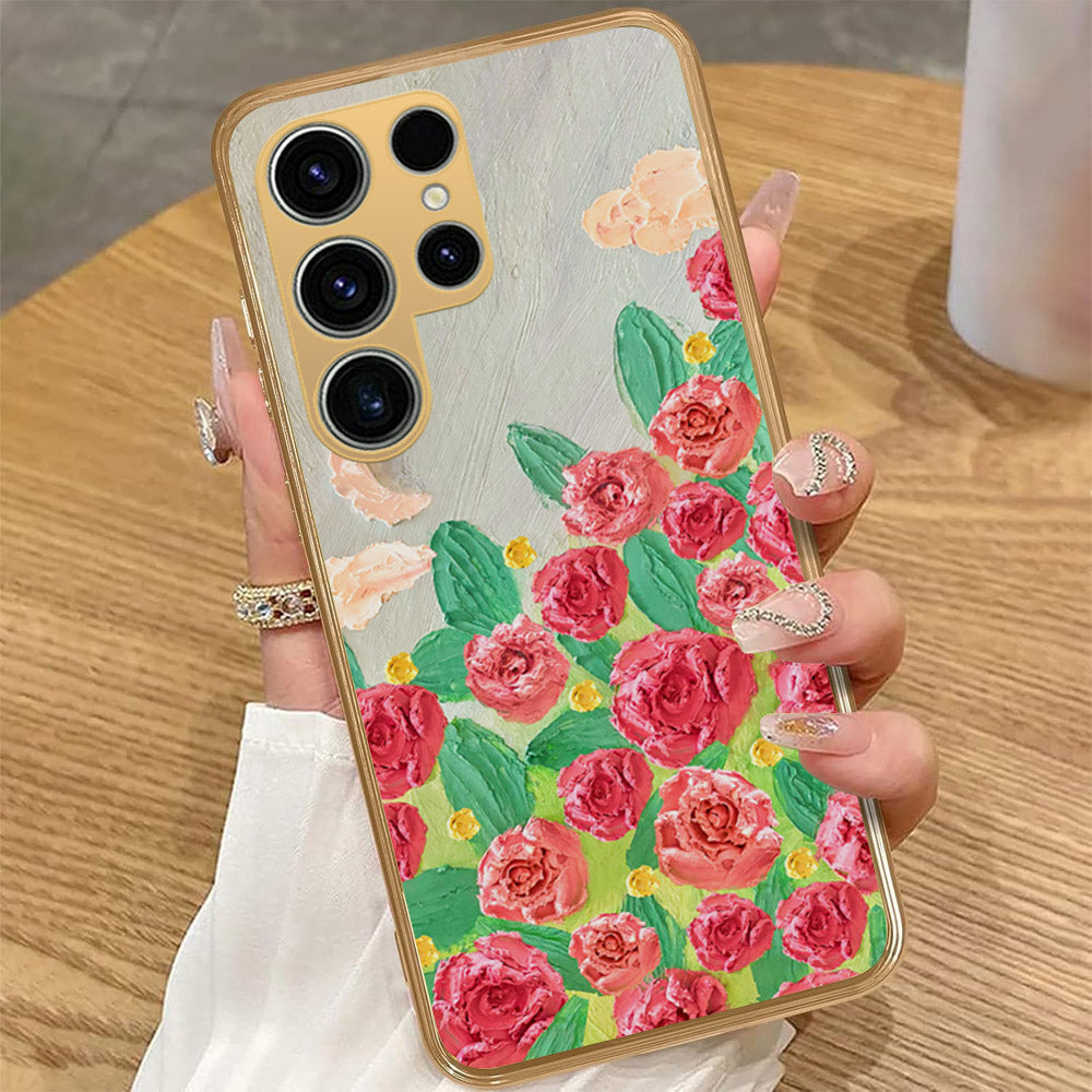 Samsung Galaxy S23 5G - Floral Series - Design 10 - Red & Green - HQ Premium Shine Durable Golden Electroplate Case