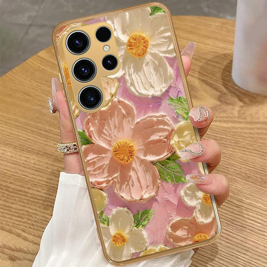 Samsung Galaxy S25 Ultra - Floral Series - Design 11 - White & Green - HQ Premium Shine Durable Golden Electroplate Case