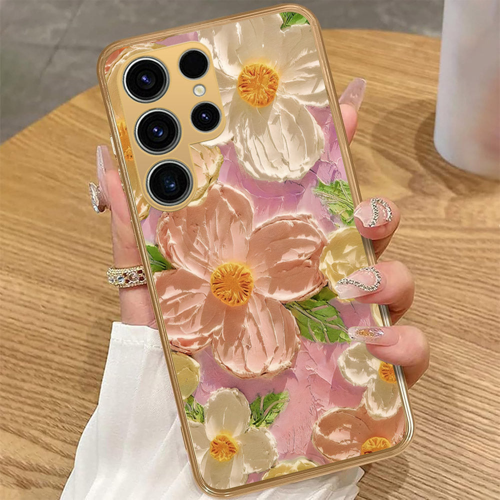 Samsung Galaxy S22 5G - Floral Series - Design 11 - White & Green - HQ Premium Shine Durable Golden Electroplate Case