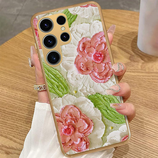 Samsung Galaxy S24 - Floral Series - Design 13 - Offwhite & Green - HQ Premium Shine Durable Golden Electroplate Case