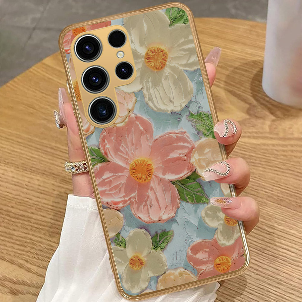 Samsung Galaxy S24 - Floral Series - Design 16 - Cyan & Pink - HQ Premium Shine Durable Golden Electroplate Case