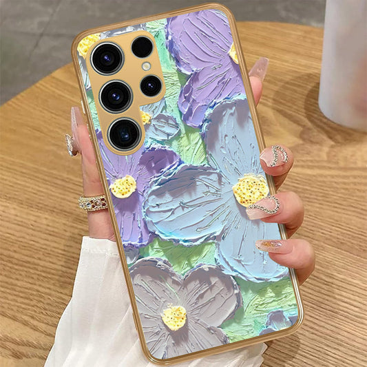 Samsung Galaxy S25 Ultra - Floral Series - Design 1 - Purple & Aqua - HQ Premium Shine Durable Golden Electroplate Case