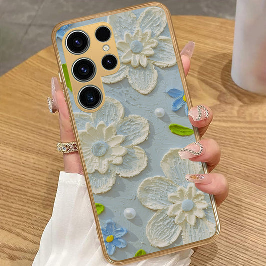 Samsung Galaxy S25 Ultra - Floral Series - Design 3 - Sky Blue - HQ Premium Shine Durable Golden Electroplate Case