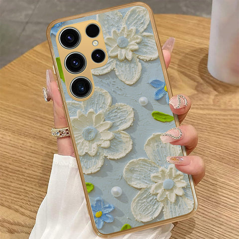 Samsung Galaxy S25 Ultra - Floral Series - Design 3 - Sky Blue - HQ Premium Shine Durable Golden Electroplate Case