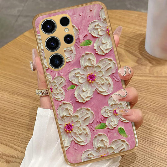 Samsung Galaxy S25 Ultra - Floral Series - Design 5 - Pink & White - HQ Premium Shine Durable Golden Electroplate Case
