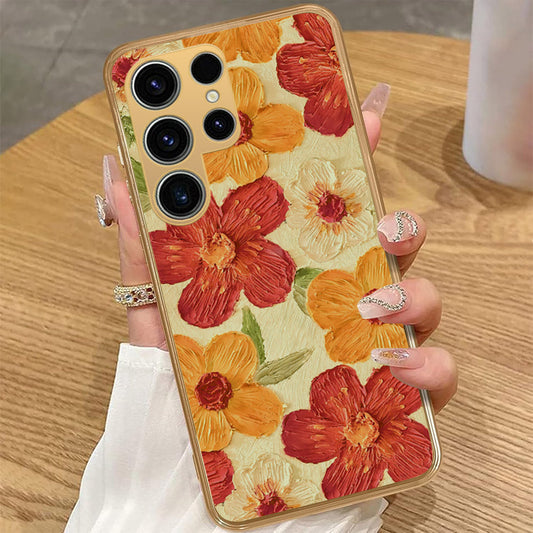 Samsung Galaxy S23 5G - Floral Series - Design 6 - Red & Orange - HQ Premium Shine Durable Golden Electroplate Case