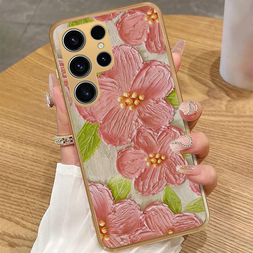 Samsung Galaxy S25 Ultra - Floral Series - Design 9 - Pink & Green - HQ Premium Shine Durable Golden Electroplate Case