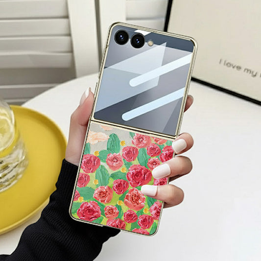 Samsung Galaxy Z Flip 7 Cover - Floral Series - Design 10 - Red & Green - HQ Premium Shine Durable Golden Electroplate Case