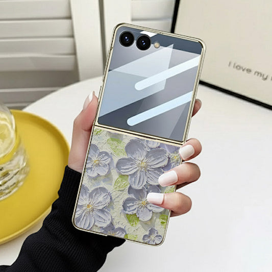 Samsung Galaxy Z Flip 7 Cover - Floral Series - Design 12 - Grey & Green - HQ Premium Shine Durable Golden Electroplate Case