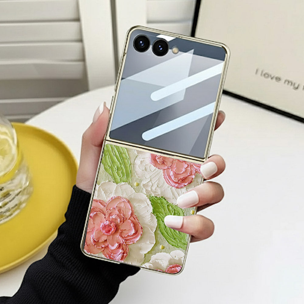 Samsung Galaxy Z Flip 7 Cover - Floral Series - Design 13 - Offwhite & Green - HQ Premium Shine Durable Golden Electroplate Case