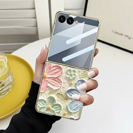 Samsung Galaxy Z Flip 7 Cover - Floral Series - Design 15 - Blue & Green - HQ Premium Shine Durable Golden Electroplate Case