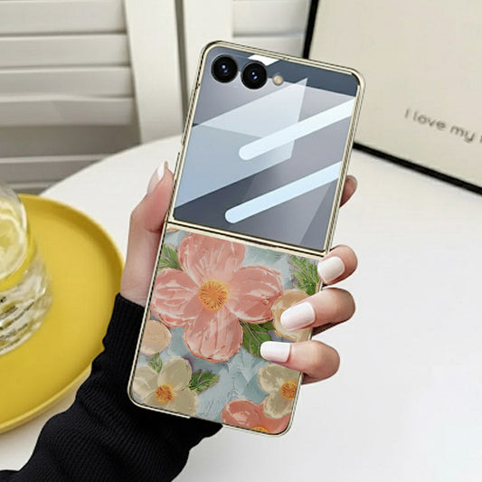 Samsung Galaxy Z Flip 7 Cover - Floral Series - Design 16 - Cyan & Pink - HQ Premium Shine Durable Golden Electroplate Case