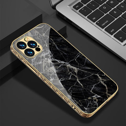 iPhone 13 Pro Cover - Black Marble Series - Premium Electroplated Infinity Ultra Shine Glass Soft Silicon Borders Case (Fast Delivery)