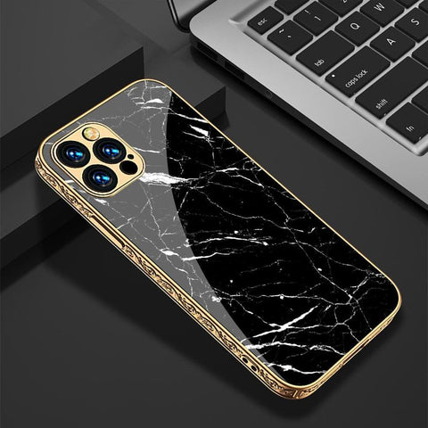 iPhone 13 Pro Cover - Black Marble Series - D426 - Premium Electroplated Infinity Ultra Shine Glass Soft Silicon Borders Case ( Fast Delivery)