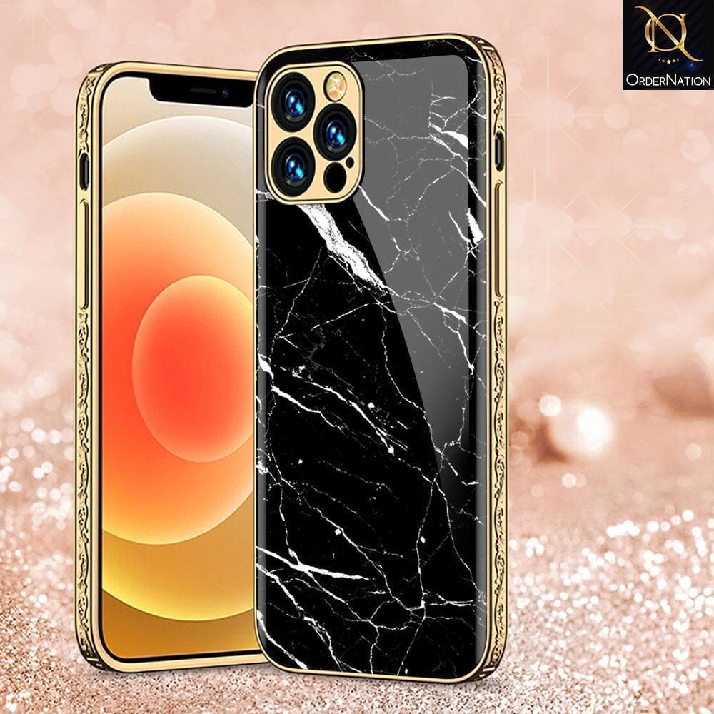 iPhone 13 Pro Cover - Black Marble Series - D426 - Premium Electroplated Infinity Ultra Shine Glass Soft Silicon Borders Case ( Fast Delivery)