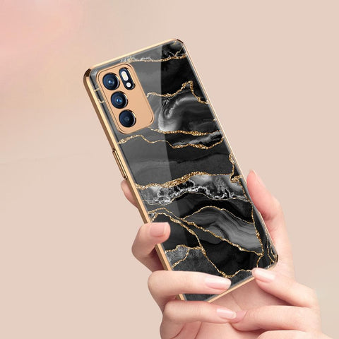 Oppo Reno 6 Pro 5G Cover - Black Marble Series - D355 - Premium Electroplated Infinity Ultra Shine Glass Soft Silicon Borders Case ( Fast Delivery )