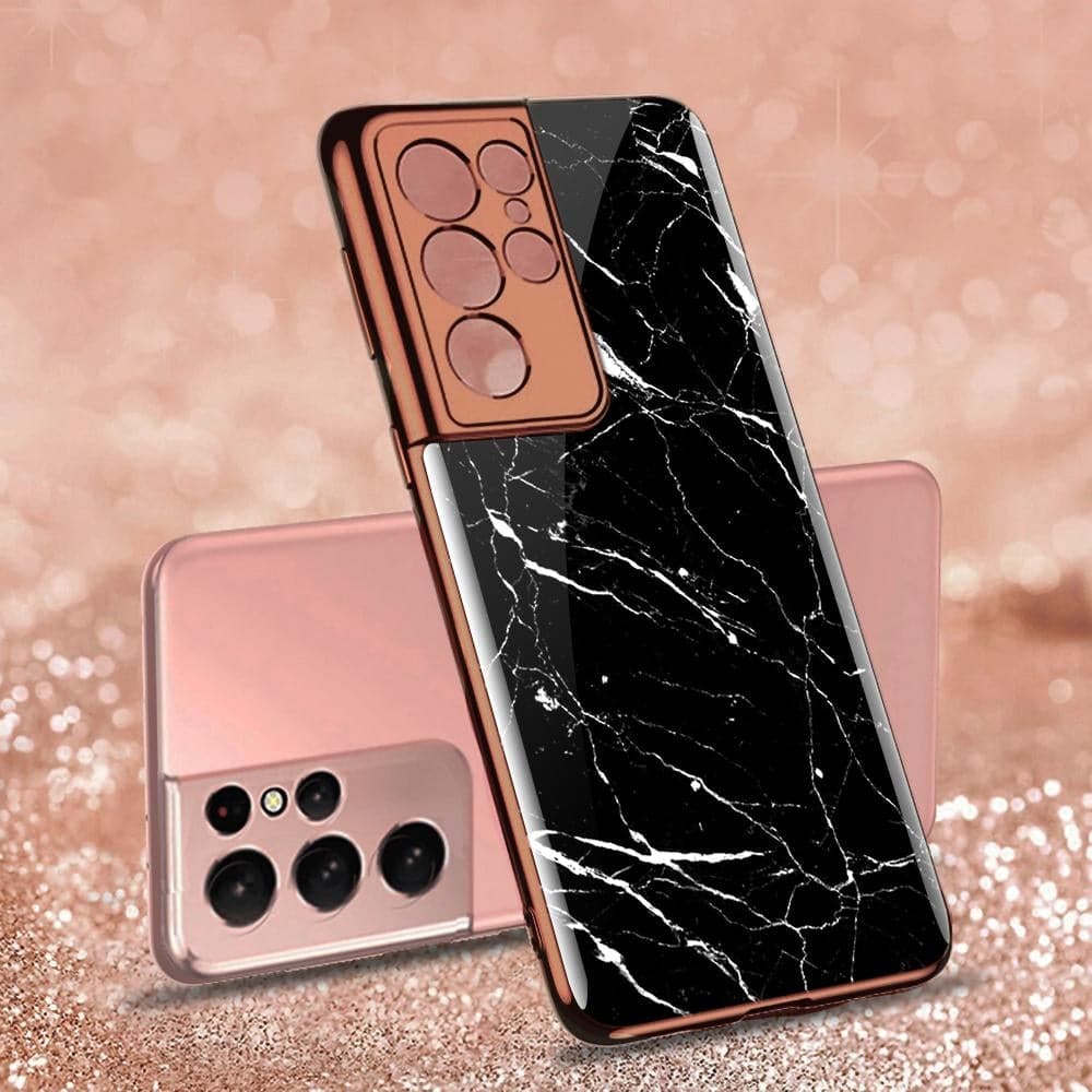 Samsung Galaxy S21 Ultra 5G Cover - Black Marble Series - D305 - Premium Electroplated Infinity Ultra Shine Glass Soft Silicon Borders Case ( Fast Delivery )
