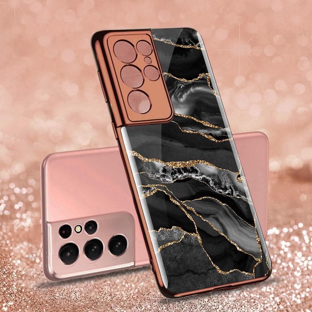 Samsung Galaxy S21 Ultra 5G Cover - Black Marble Series - D316 - Premium Electroplated Infinity Ultra Shine Glass Soft Silicon Borders Case ( Fast Delivery )