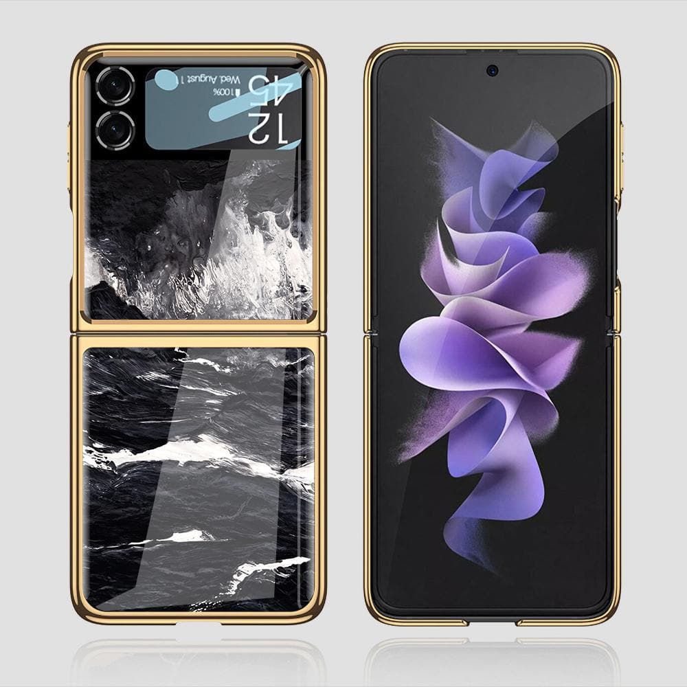 Samsung Galaxy Z Flip 3 5G Cover - Black Marble Series - D6 - Premium Electroplated Infinity Ultra Shine Glass Soft Silicon Borders Case ( Fast Delivery )