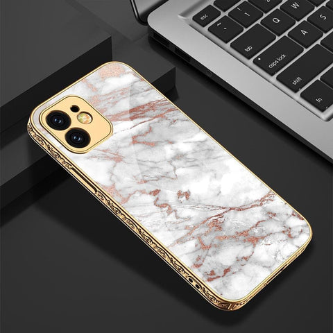iPhone 13 Pro Max Cover - White Marble Series - D7 - Premium Electroplated Infinity Ultra Shine Glass Soft Silicon Borders Case ( fast Delivery )