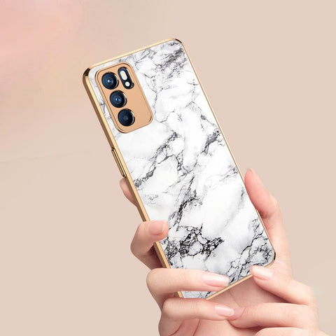 Oppo Reno 6 Pro 5G Cover - White Marble Series - D377  - Premium Electroplated Infinity Ultra Shine Glass Soft Silicon Borders Case ( Fast Delivery )