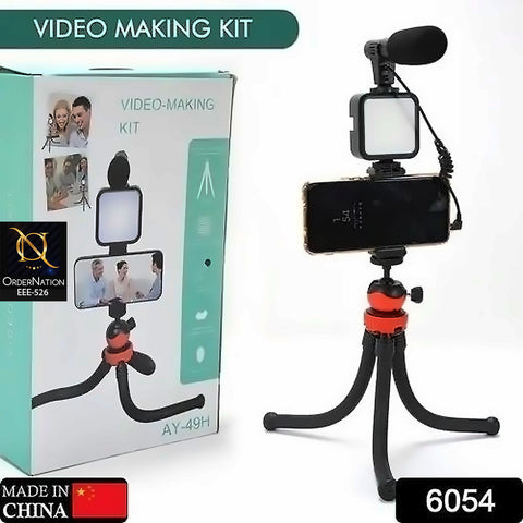 AY-49H Video Making Kit Model B – Mobile Vlogging Kit with Tripod, LED Light & Microphone for YouTube, TikTok & Live Streaming