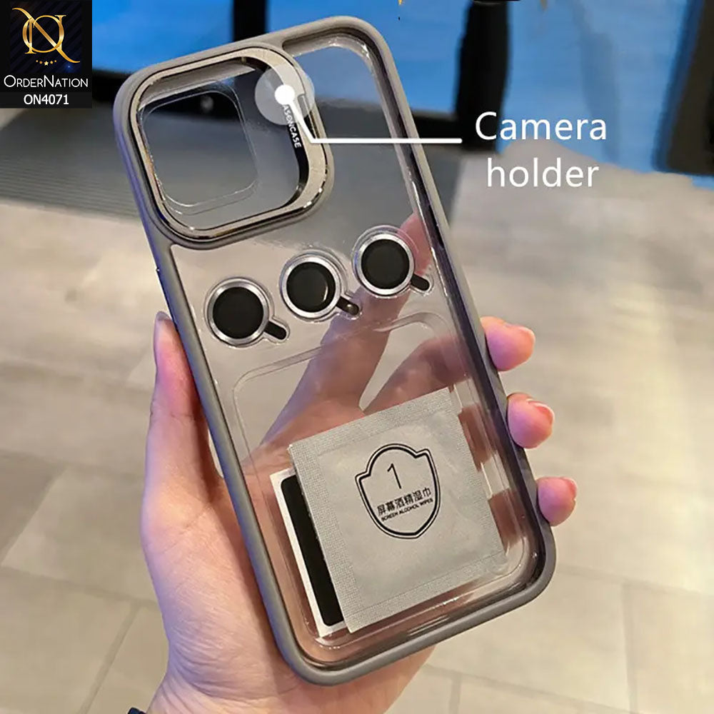 iPhone 15 Pro Max - Gray - Easoncase PC Hard Clear Case Flip Camera Cover Soft TPU Bumper Case with Built-in Camera Stand
