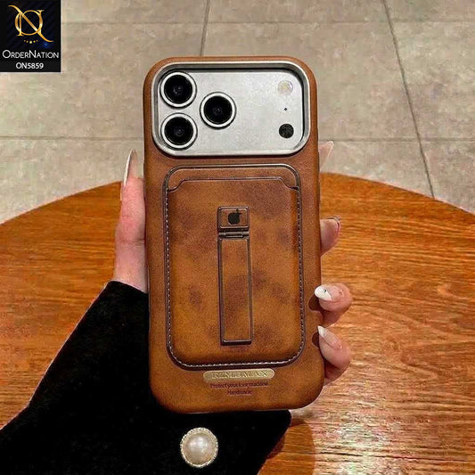 iPhone 18 Pro Max Cover - Brown - New Premium RimbMax High Quality Leather Case With Premium Quality Magnatic Card Holding Options And KickStand