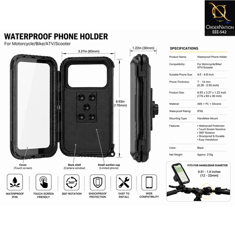 Waterproof Phone Holder for Motorcycle Bike ATV Scooter Universal Handlebar Mount Case