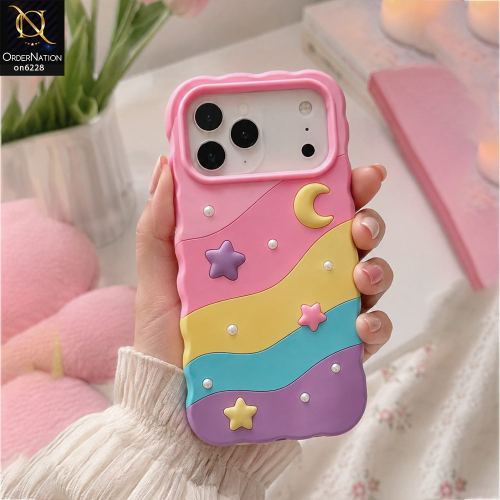 iPhone 17 Pro Max Cover - Pink - Pastel Rainbow Phone Case with 3D Flowers & Moon