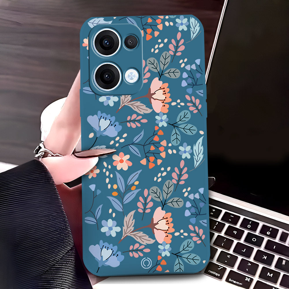 Oppo Reno 13  Cover - Blue - D1 - ONation Floral Series - HQ Liquid Silicone Soft Case