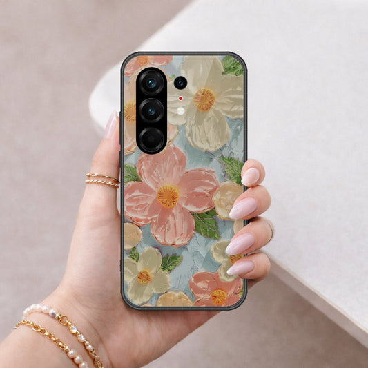 Tecno Camon 50 Ultra Cover - Floral Series - Design 16 - Cyan & Pink - HQ Ultra Shine Premium Infinity Glass Soft Silicon Borders Case