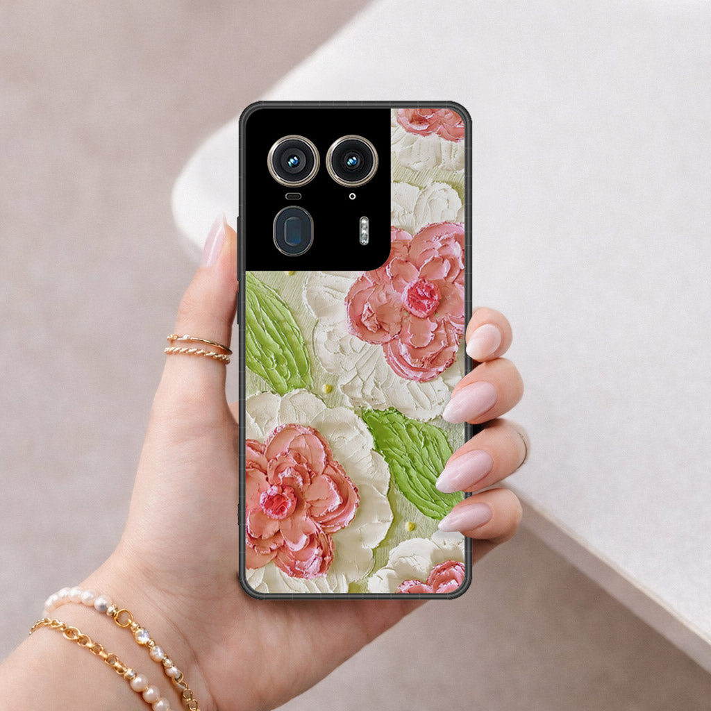 Motorola Edge 50 Ultra Cover - Floral Series - Design 13 - Offwhite & Green - HQ Premium Shine Durable Shatterproof Case