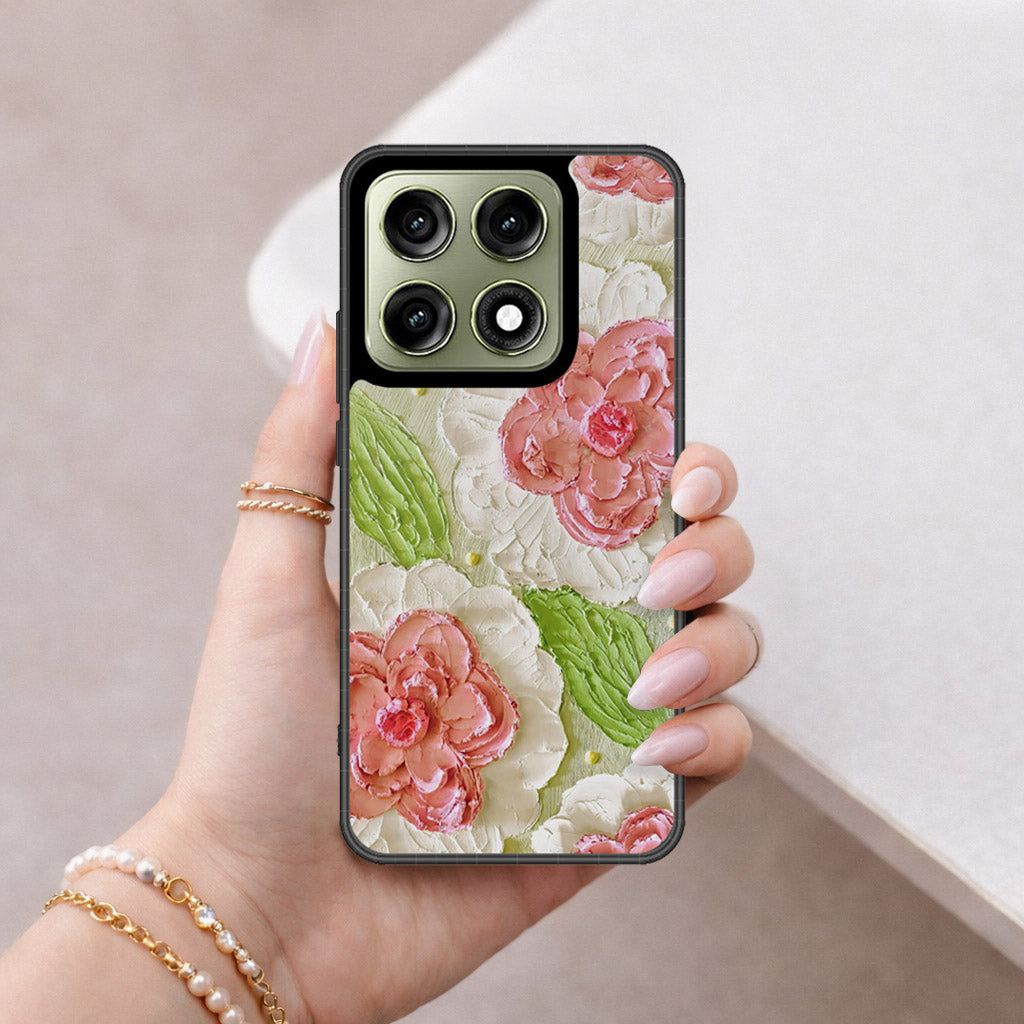 Motorola Edge 70 Pro Cover - Floral Series - Design 13 - Offwhite & Green - HQ Ultra Shine Premium Infinity Glass Soft Silicon Borders Case