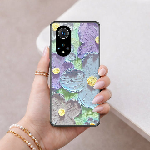 Huawei Nova 9 Cover - Floral Series - Design 1 - Purple & Aqua - HQ Ultra Shine Premium Infinity Glass Soft Silicon Borders Case