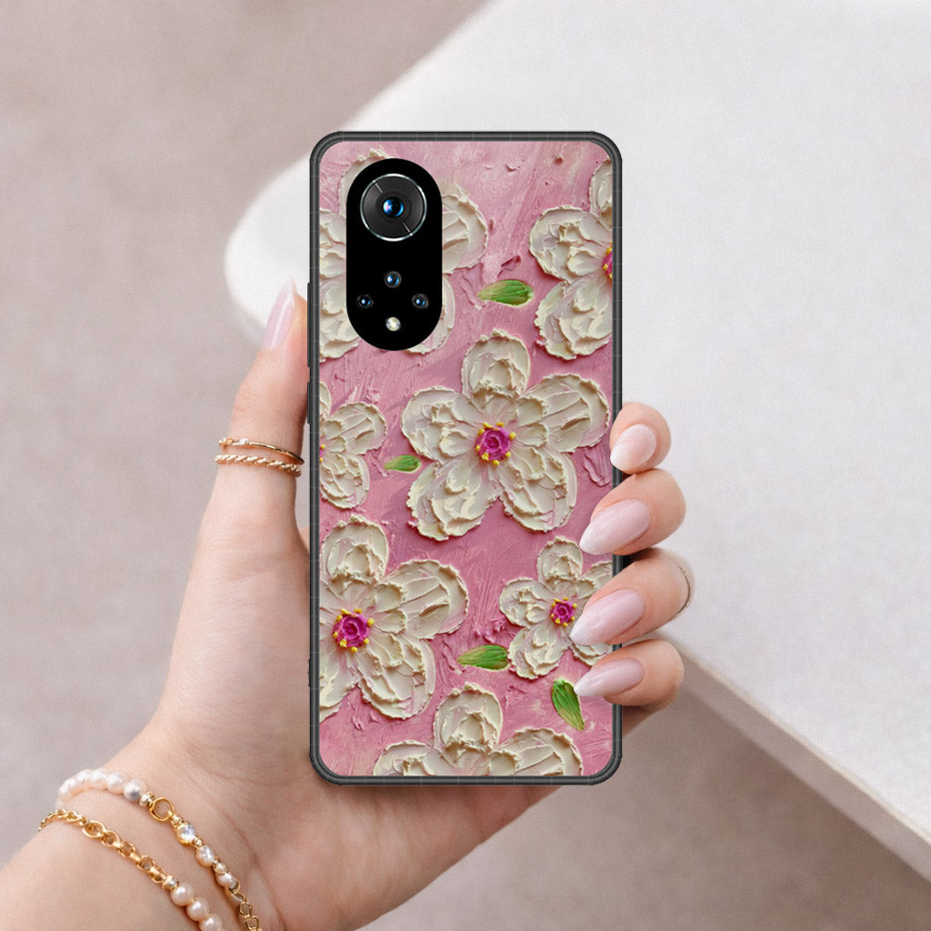Huawei Nova 9 Cover - Floral Series - Design 5 - Pink & White - HQ Ultra Shine Premium Infinity Glass Soft Silicon Borders Case