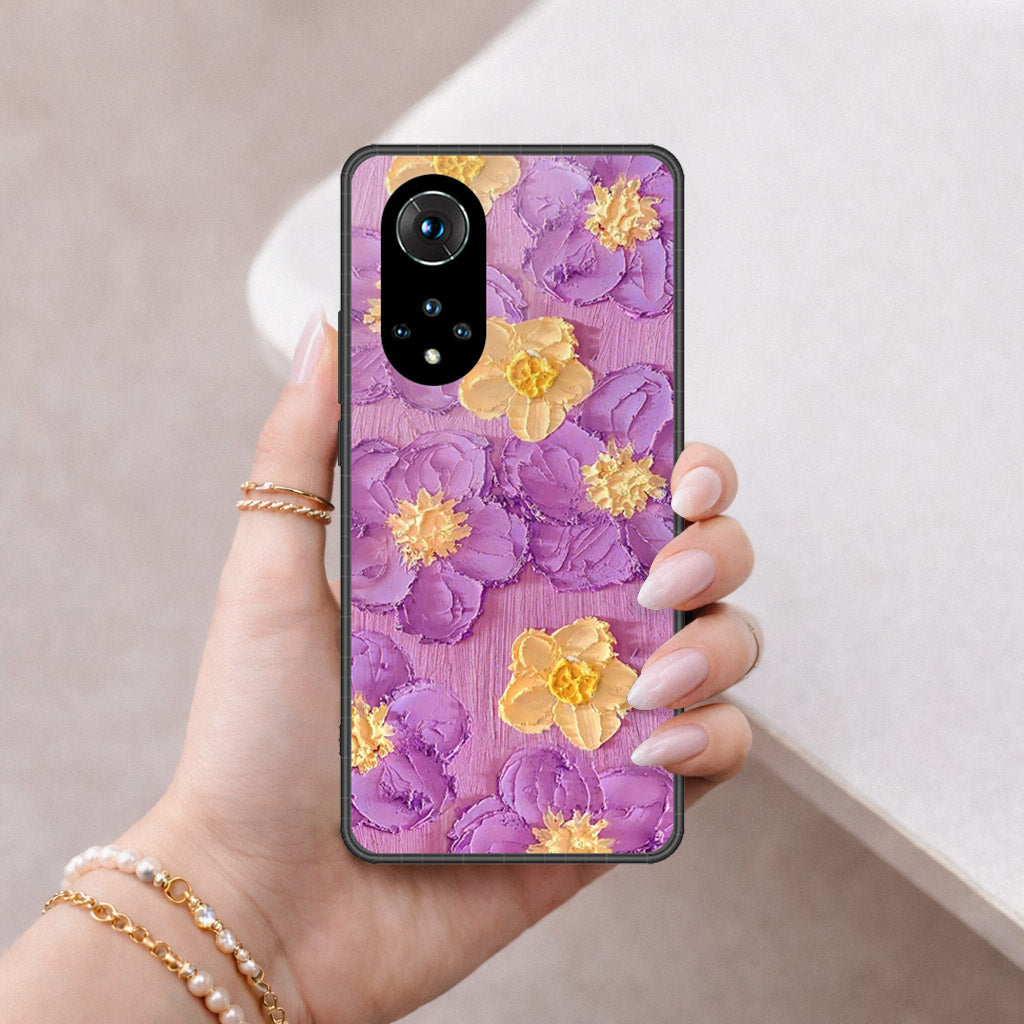 Huawei Nova 9 Cover - Floral Series - Design 8 - Purple & Yellow - HQ Ultra Shine Premium Infinity Glass Soft Silicon Borders Case