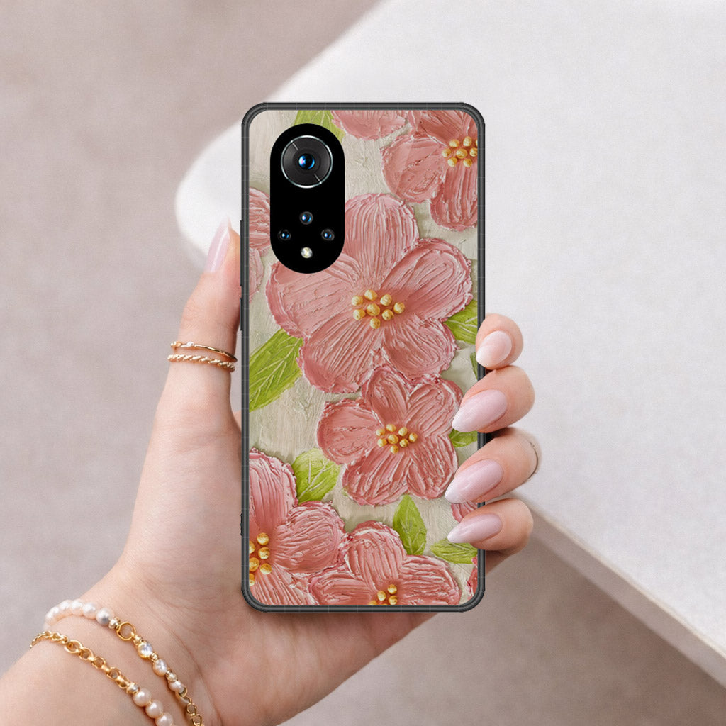 Huawei Nova 9 Cover - Floral Series - Design 9 - Pink & Green - HQ Ultra Shine Premium Infinity Glass Soft Silicon Borders Case