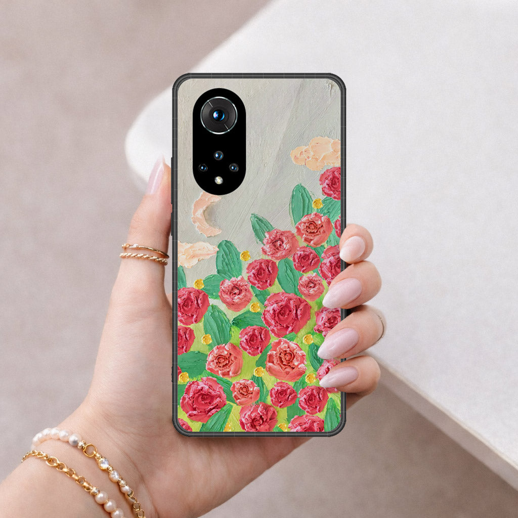 Huawei Nova 9 Cover - Floral Series - Design 10 - Red & Green - HQ Ultra Shine Premium Infinity Glass Soft Silicon Borders Case