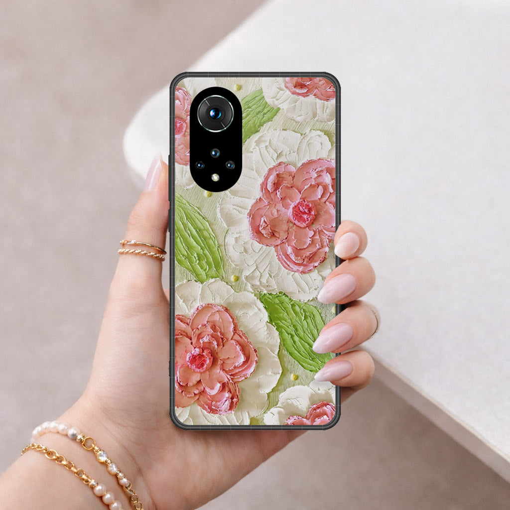 Huawei Nova 9 Cover - Floral Series - Design 13 - Offwhite & Green - HQ Ultra Shine Premium Infinity Glass Soft Silicon Borders Case