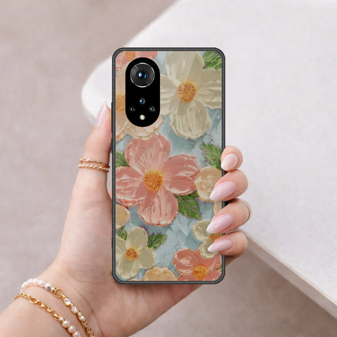 Huawei Nova 9 Cover - Floral Series - Design 16 - Cyan & Pink - HQ Ultra Shine Premium Infinity Glass Soft Silicon Borders Case