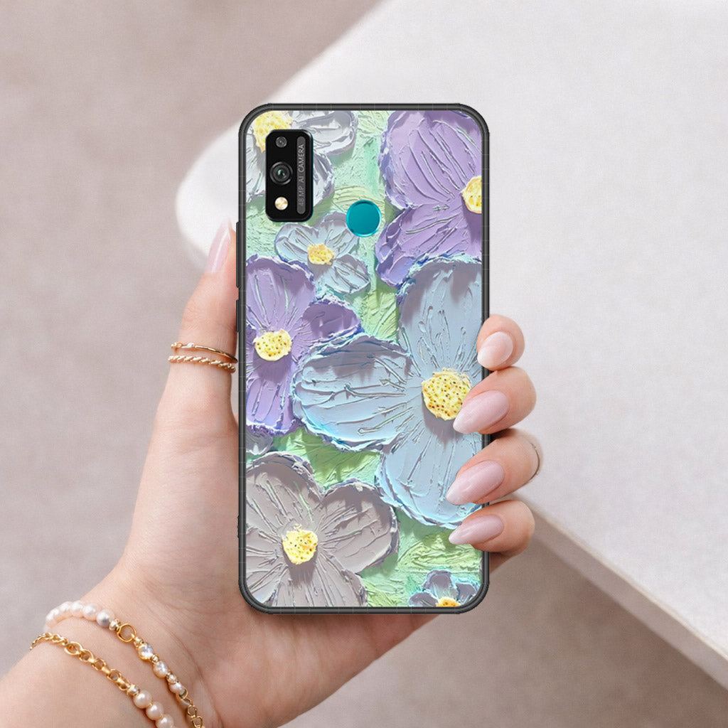 Honor 9X Lite Cover - Floral Series - Design 1 - Purple & Aqua - HQ Ultra Shine Premium Infinity Glass Soft Silicon Borders Case