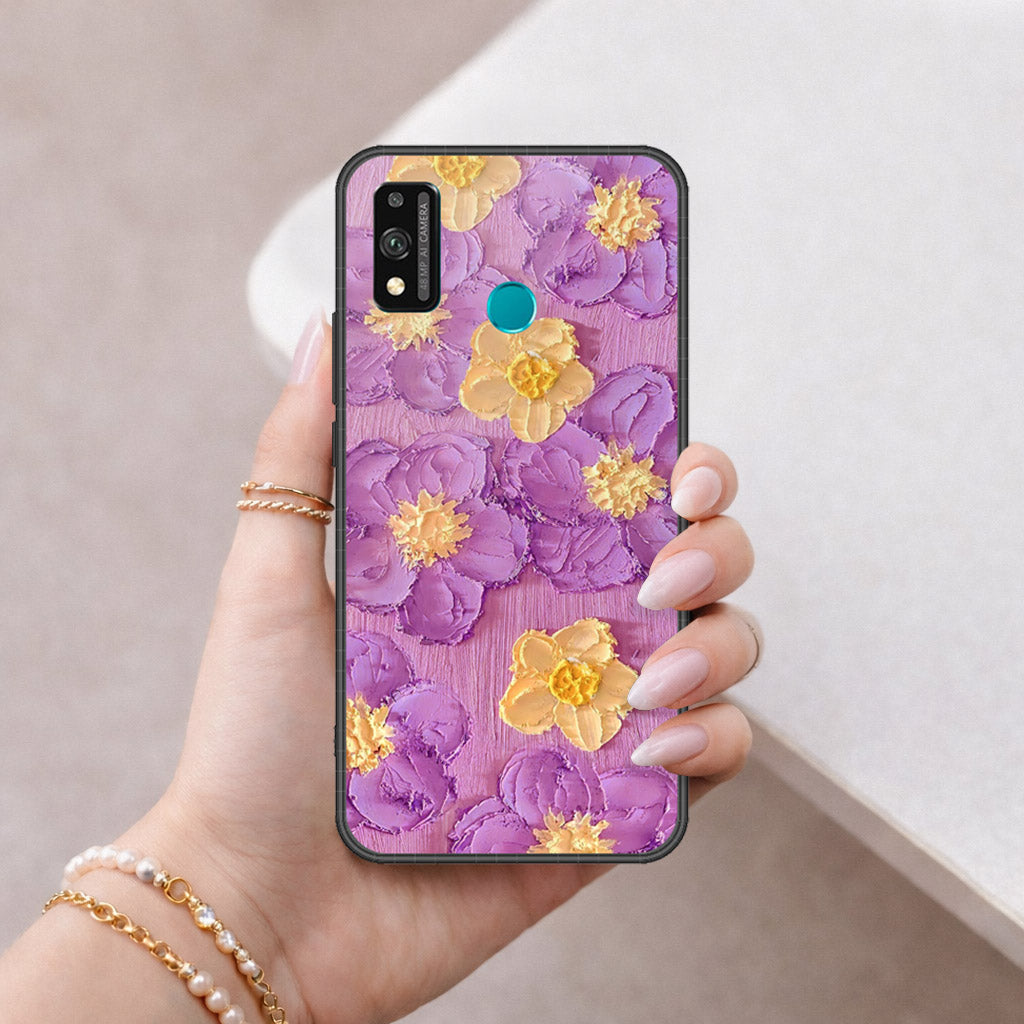 Honor 9X Lite Cover - Floral Series - Design 8 - Purple & Yellow - HQ Ultra Shine Premium Infinity Glass Soft Silicon Borders Case