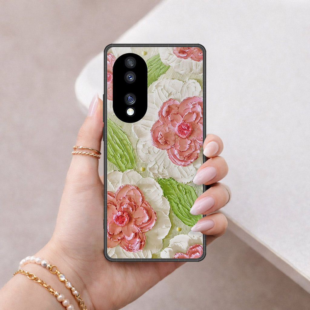 Huawei Honor 70 Cover - Floral Series - Design 13 - Offwhite & Green - HQ Premium Shine Durable Shatterproof Case