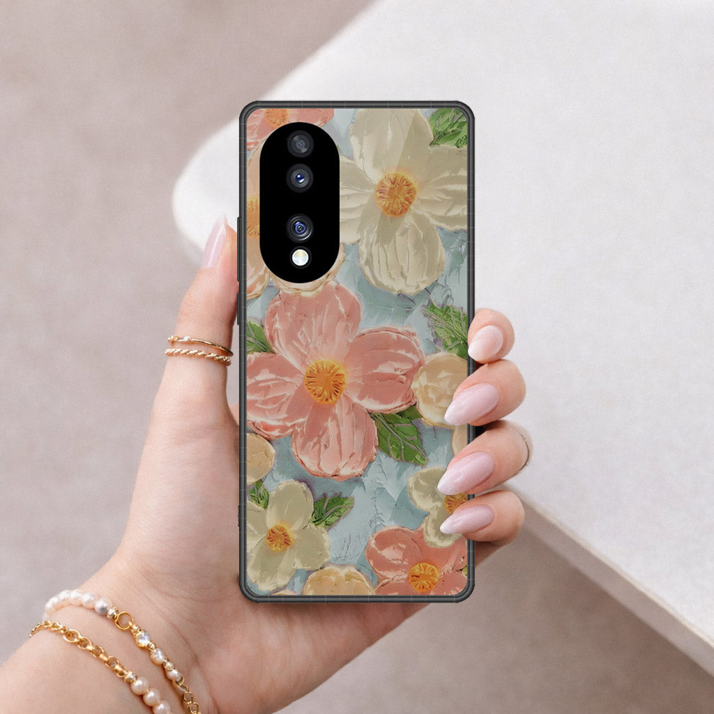 Huawei Honor 70 Cover - Floral Series - Design 16 - Cyan & Pink - HQ Premium Shine Durable Shatterproof Case