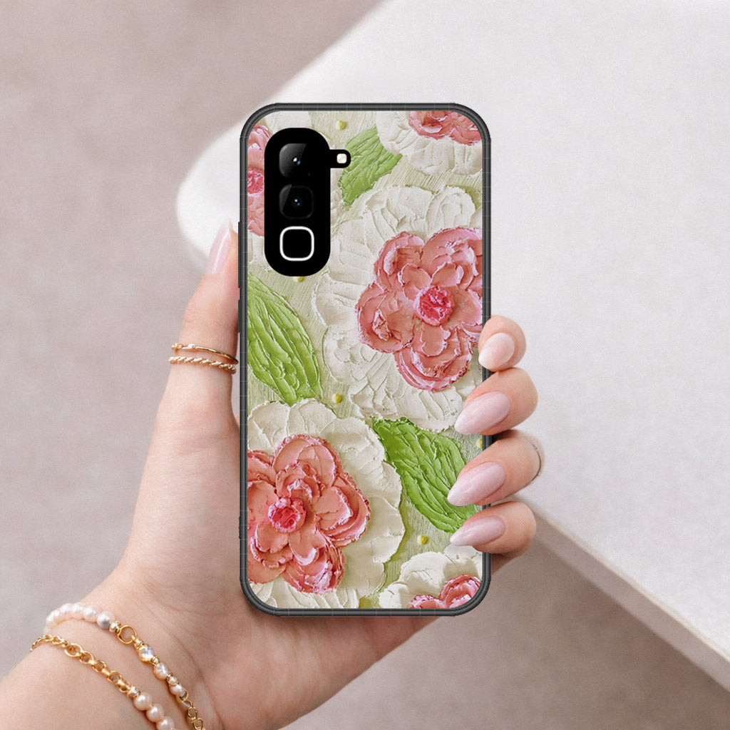 Infinix Hot 70 Cover - Floral Series - Design 13 - Offwhite & Green - HQ Ultra Shine Premium Infinity Glass Soft Silicon Borders Case