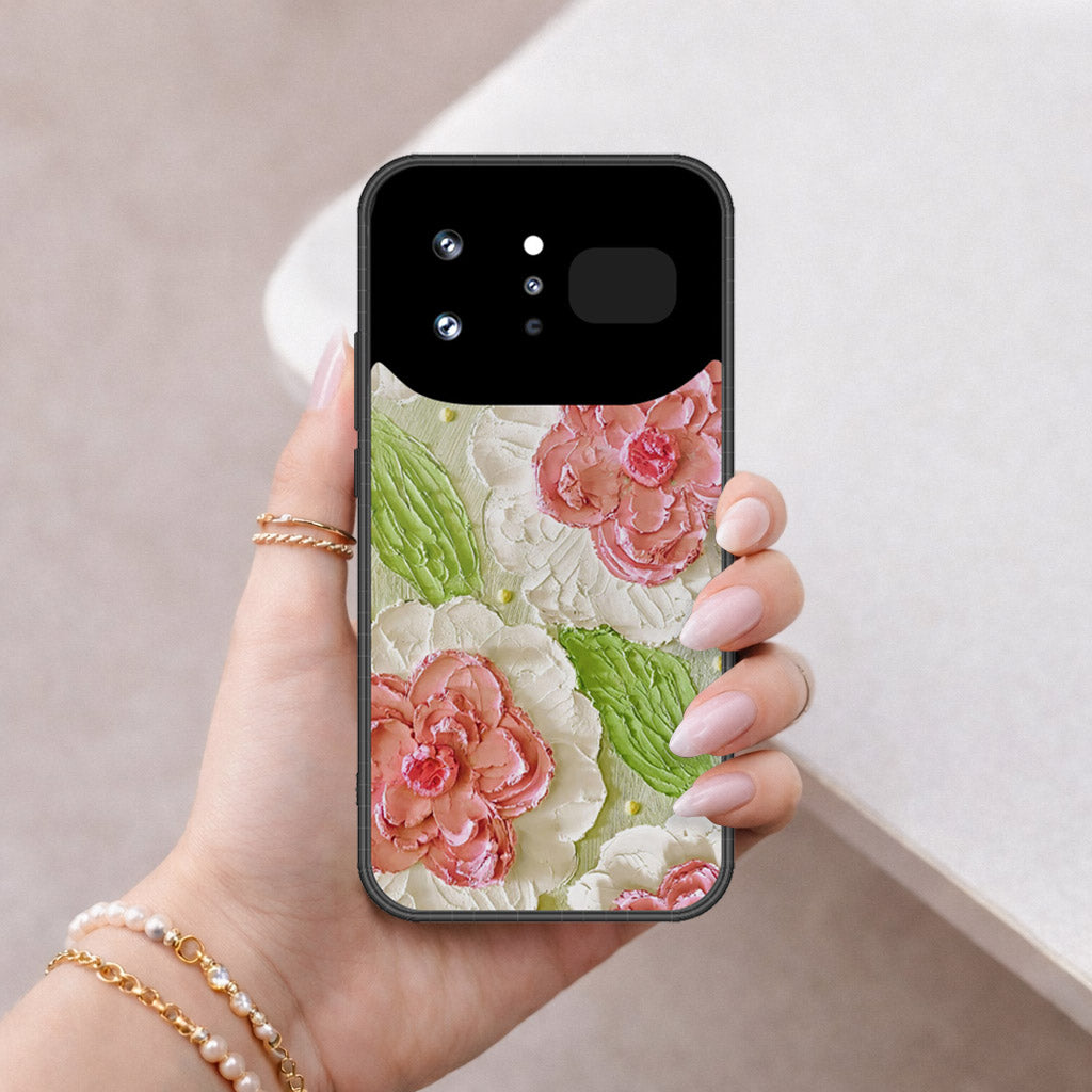 Infinix Note 60 Ultra Cover - Floral Series - Design 13 - Offwhite & Green - HQ Ultra Shine Premium Infinity Glass Soft Silicon Borders Case