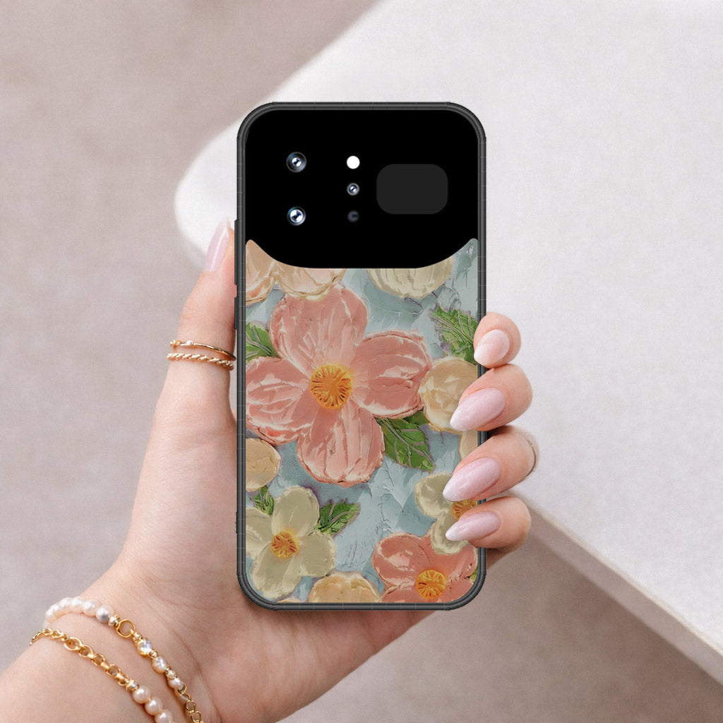 Infinix Note 60 Ultra Cover - Floral Series - Design 16 - Cyan & Pink - HQ Ultra Shine Premium Infinity Glass Soft Silicon Borders Case